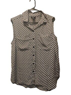 Sleeveless Black & White Geometric Button-Up Blouse With Collar Womens Size M